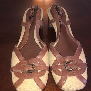 Leather and canvas slingbacks